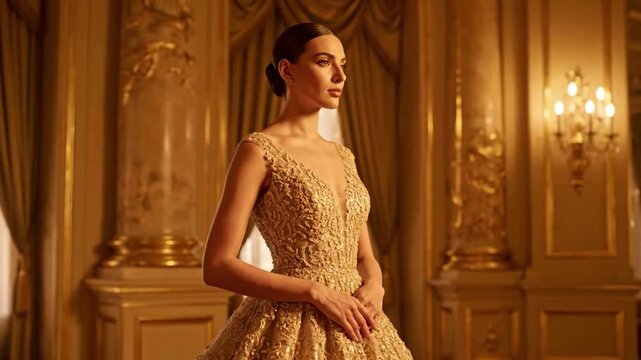 Elegant woman in luxurious gold dress posing in ornate room.