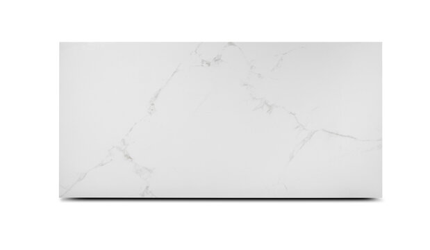 A horizontal large-format porcelain tile featuring a polished white marble surface with delicate grey veining isolated on a white background.