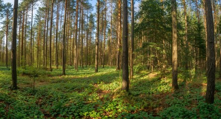 Obraz premium Wide-angle forest panorama featuring narrow bark-textured trees and vibrant green undergrowth