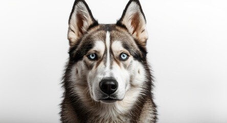 Fototapeta premium Close up of husky dog showing blue eyes on white background