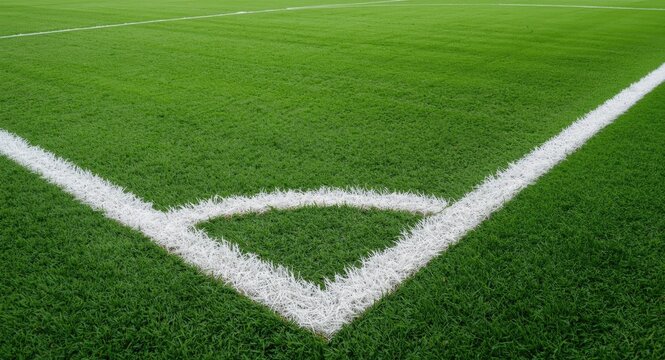 Wide soccer field view highlighting clean white lines over bright green artificial turf