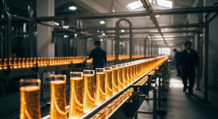 Naklejka premium Beer glasses moving on conveyor belt in modern production brewery