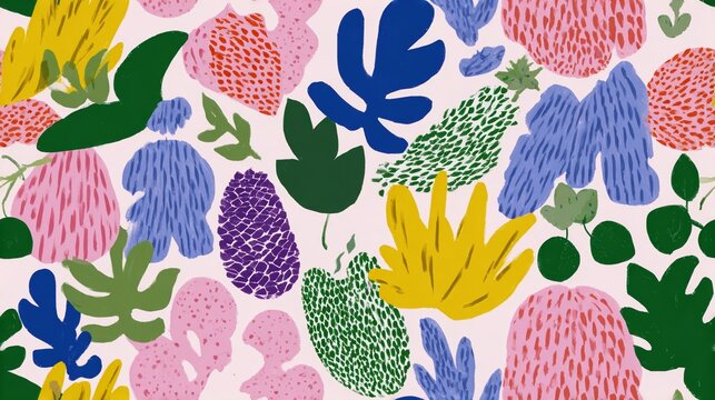 Bold botanical craft maximalism illustration featuring vibrant shapes and minimal detailing in a repeating textile-ready design