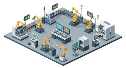 Obraz premium Modern factory floor with robotic arms and machinery.
