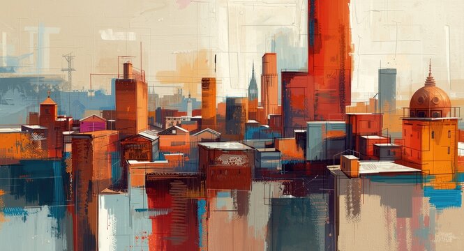 Expressive 2d stylised painting capturing an abstract city with layered shapes