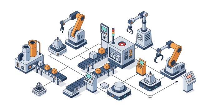 Industrial Automation Factory with Robots and Machinery.