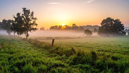 Fototapeta premium Serene Sunrise Over Fog-Kissed Meadow - A Tranquil Landscape.