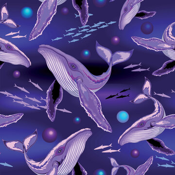 Humpback Whale Surreal Purple Creature swimming on Ultra Violet Deep Space Ocean Seamless Pattern 

