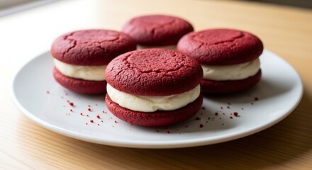 Delicious red velvet whoopie pies on a white plate on wooden table