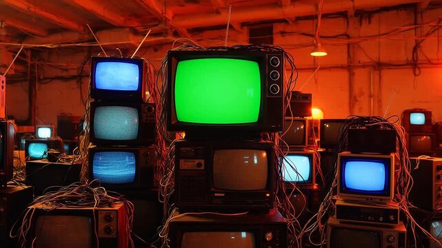 Old televisions in a cluttered room