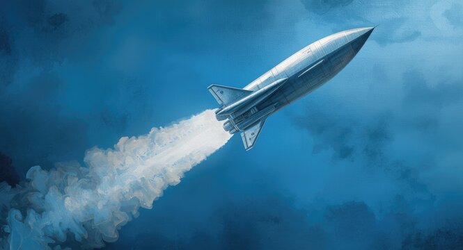 Bright rocket drawing on a tranquil blue canvas representing swift takeoff