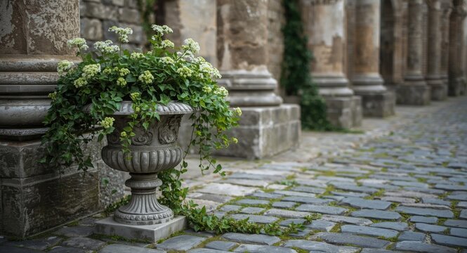 Stone vase planter with lush green fustian flowers and cascading ivy on grey cobblestone with medieval wall columns and selective focus copy space