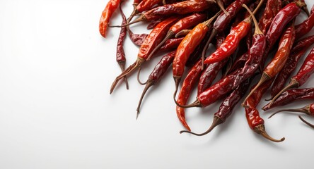 Dried hot chili peppers composition on a white background with copy space