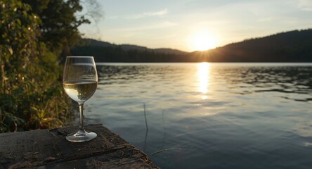 Obraz premium Tranquil waterside scene with white wine glass and copy space