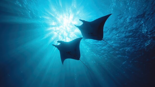 Two manta rays swimming underwater ocean.