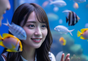 色鮮やかな熱帯魚が泳ぐ水槽を前に目を輝かせる笑顔の女性