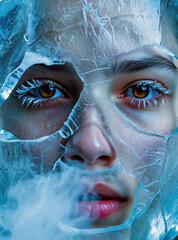 Surreal portrait of a woman face encased in jagged, translucent ice. Frost clings to the eyelashes, wisps of cold vapor drift across the frame, highlighting the ethereal and frozen aesthetic