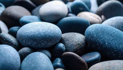 Closeup smooth, rounded river stones in various shades of cool blue, slate, and charcoal. Their matte surfaces reveal fine mineral speckles and natural textures background