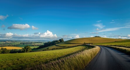 Fototapeta premium Green earth landscape next to a rural road under a clear blue sky