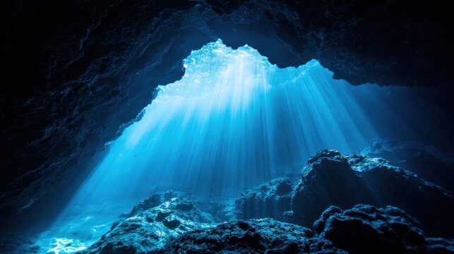 Underwater cave with sunbeams shining through.