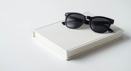 Close view of a hardcover book holding sleek sunglasses on simple white background