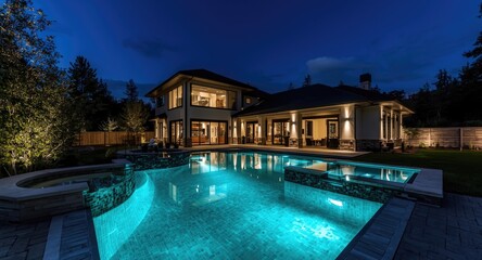 Fototapeta premium Modern home exterior featuring glowing swimming pool and dramatic night light effects