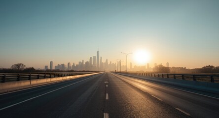 Fototapeta premium Quiet dawn scene with paved road and city buildings