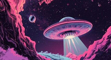 Fototapeta premium Retro surreal pop art illustrating extraterrestrial UFO and cosmic worlds