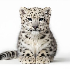 Obraz premium Cute Baby Snow Leopard Cub Sitting Isolated on White Background, Endangered Wildlife Animal Portrait