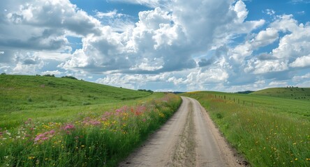 Fototapeta premium Soothing summer pastoral setting displaying a winding dirt route amid rich green meadows and lively wildflower clusters beneath a dramatic cloudscape