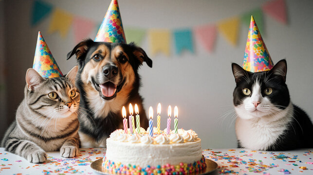 Funny, cute pets at brithday party, celebrating with cake and candles, confetti, cotillions and colorful pennants, one dog and two cats wearing cone-shaped cardboard hats, a fun celebration card