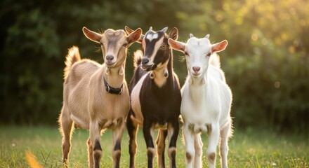 Three Cute Young Goats Standing in a Sunny Green Field at Sunset