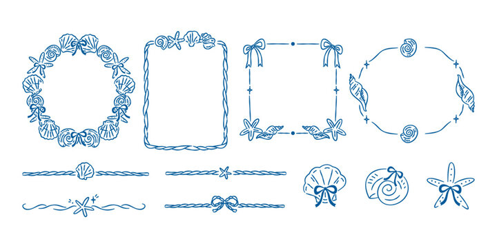 Seashell frames and divider lines set. Nautical hand-drawn ocean elements and borders in blue line art style.