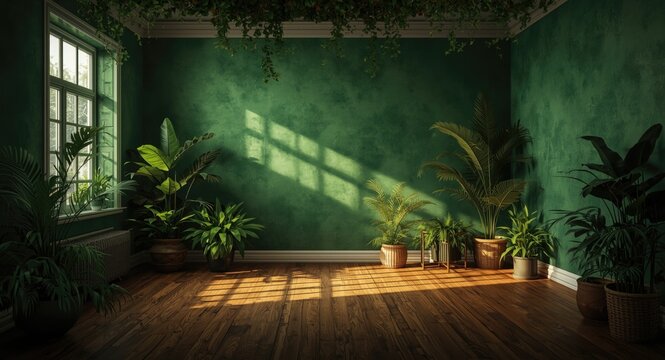Living room decorated with green walls and wood flooring with plants