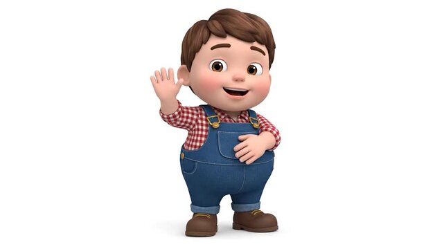 Cartoon boy waving with a friendly gesture and smiling face.