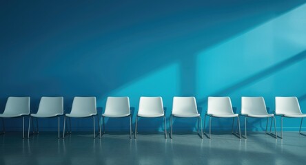Fototapeta premium Spacious waiting zone furnished with simple white chairs and a bright blue wall