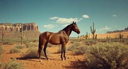 An AI made western vintage photo of a solitary horse within a cactus populated desert landscape