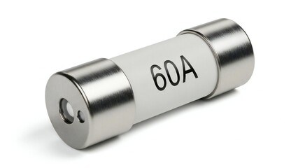 High current electrical fuse with 60A rating, white ceramic cylinder and metal end caps