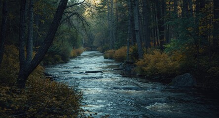 Obraz premium Downstream mountain river meandering through a peaceful forest glade