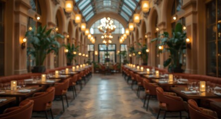 Exclusive restaurant atrium with cool glowing blur effect suited for background