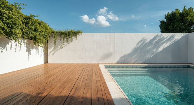 Modern swimming pool deck featuring wooden flooring and blank wall with natural greenery