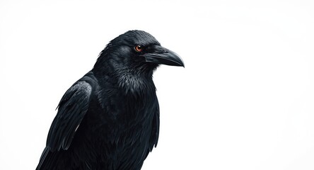 Fototapeta premium Majestic black raven perched on pristine white background with regal posture
