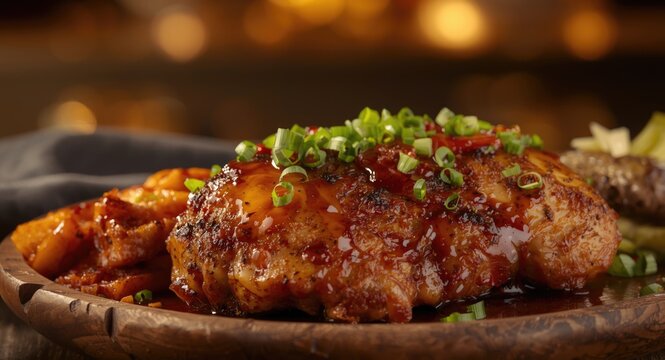 Grilled boneless chicken thighs seasoned and topped with guava jam and shoyu oyster sauce