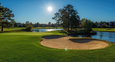 Obraz premium Overhead photograph of a suburban golf course containing sand bunker and water hazard