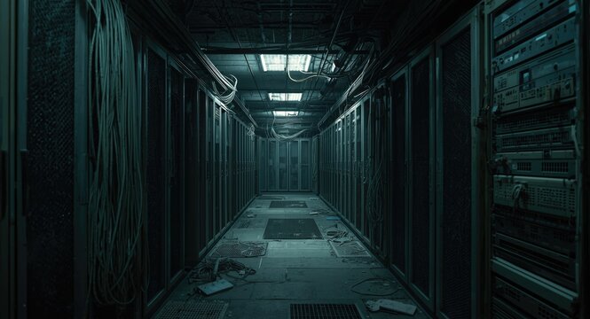 Obsolete server area with legacy data storage and network hardware