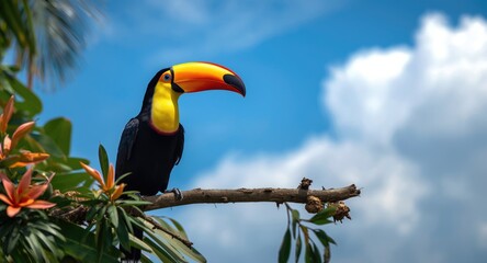Fototapeta premium Colorful yellow throated toucan perched on tropical tree branch