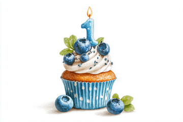 Blueberry Cupcake With Number One Candle First Birthday