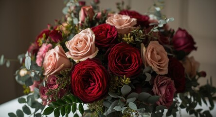 Obraz premium Richly hued roses and carnations bouquet highlighted with fresh greenery in an elegant arrangement