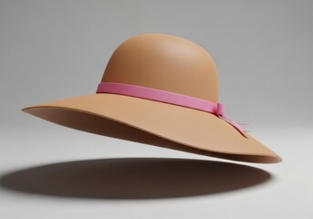 A tan widebrimmed hat with a pink ribbon around the crown floating in midair on a gray background