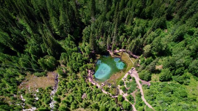 Aerial beautiful landscape Altai, blue geyser lake with clear water surrounded by forest Aktash mountains, Altay Russia drone view.